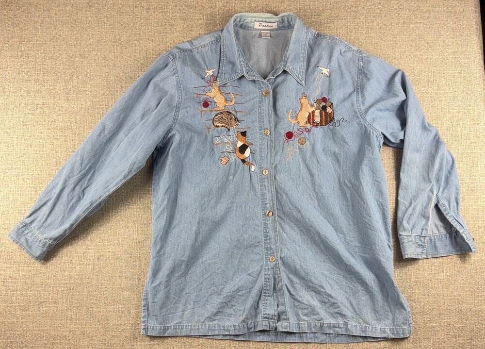 Passion 3XL Embroidered Cat Denim Shirt Womens Chambray Yarn Kittens Cottagecore